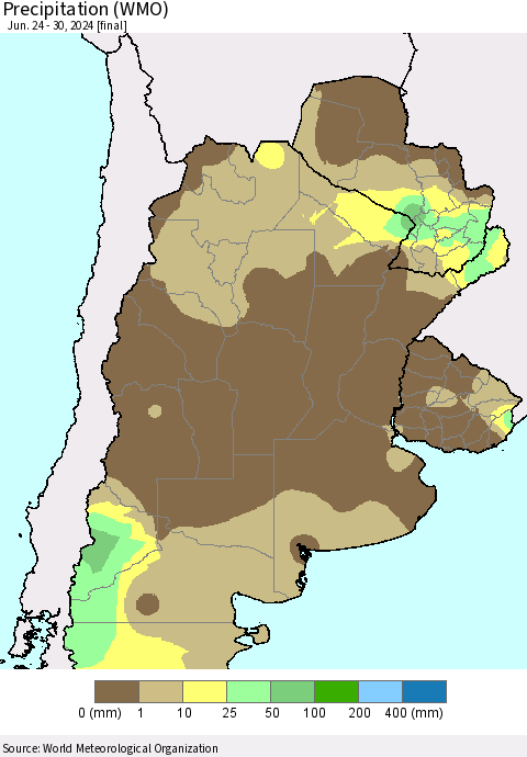Southern South America Precipitation (WMO) Thematic Map For 6/24/2024 - 6/30/2024