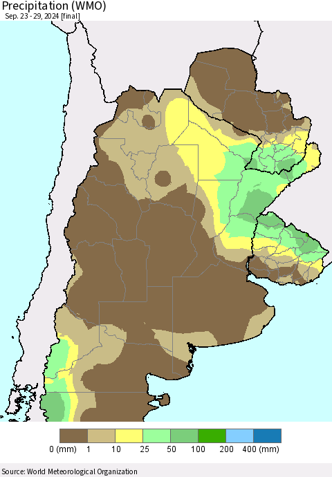 Southern South America Precipitation (WMO) Thematic Map For 9/23/2024 - 9/29/2024