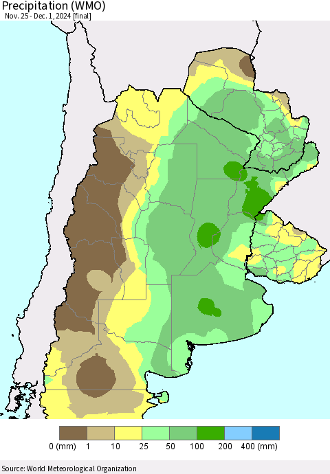 Southern South America Precipitation (WMO) Thematic Map For 11/25/2024 - 12/1/2024