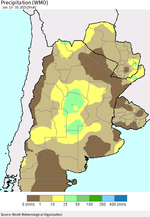 Southern South America Precipitation (WMO) Thematic Map For 1/13/2025 - 1/19/2025