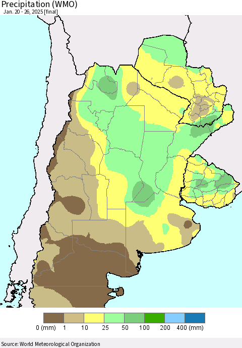 Southern South America Precipitation (WMO) Thematic Map For 1/20/2025 - 1/26/2025