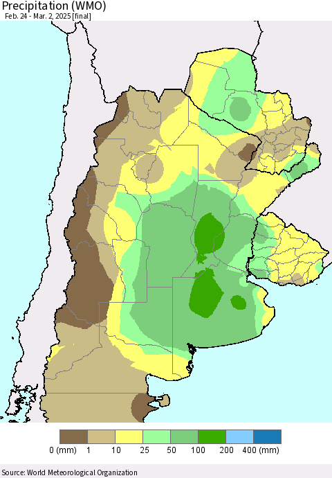 Southern South America Precipitation (WMO) Thematic Map For 2/24/2025 - 3/2/2025