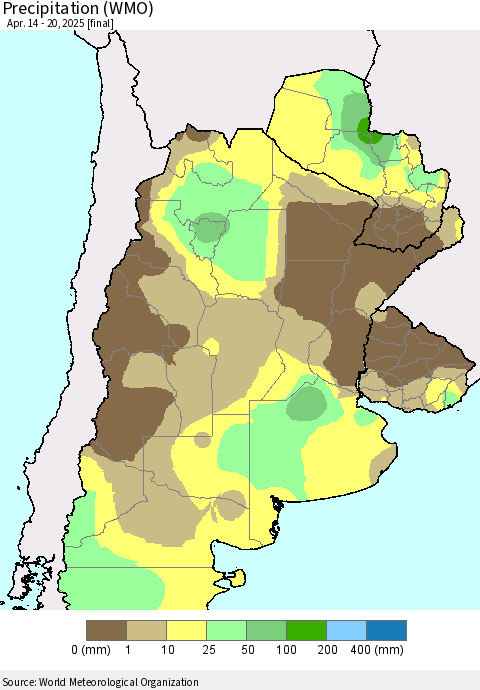 Southern South America Precipitation (WMO) Thematic Map For 4/14/2025 - 4/20/2025