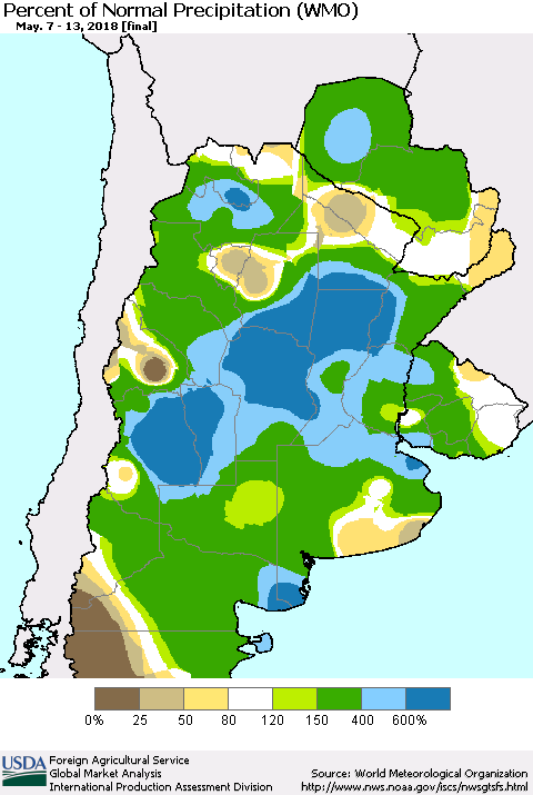 Southern South America Percent of Normal Precipitation (WMO) Thematic Map For 5/7/2018 - 5/13/2018