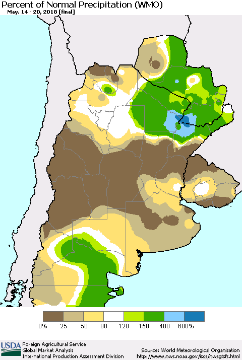 Southern South America Percent of Normal Precipitation (WMO) Thematic Map For 5/14/2018 - 5/20/2018