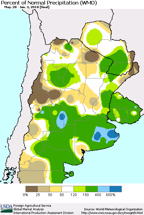 Southern South America Percent of Normal Precipitation (WMO) Thematic Map For 5/28/2018 - 6/3/2018