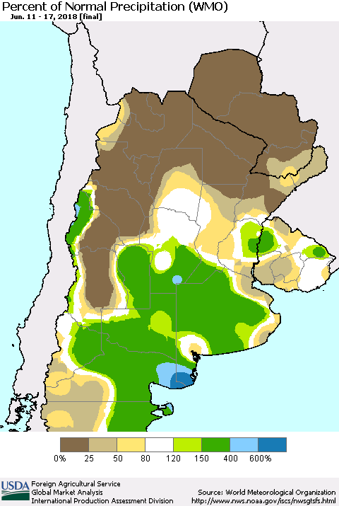 Southern South America Percent of Normal Precipitation (WMO) Thematic Map For 6/11/2018 - 6/17/2018