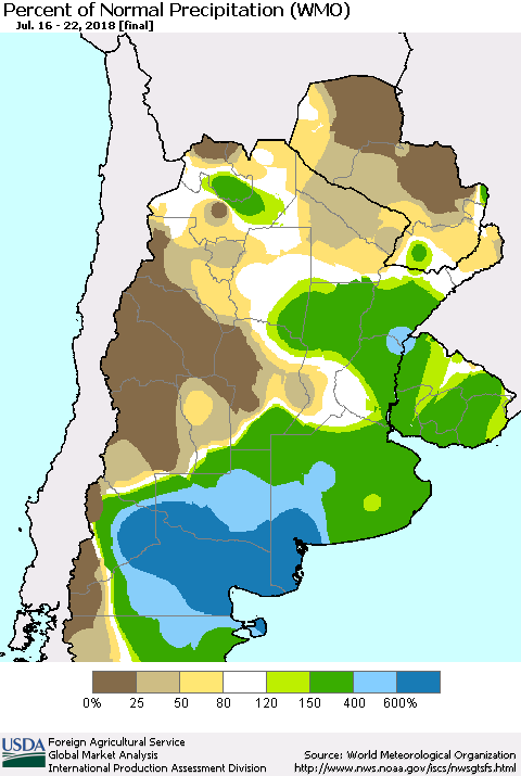 Southern South America Percent of Normal Precipitation (WMO) Thematic Map For 7/16/2018 - 7/22/2018