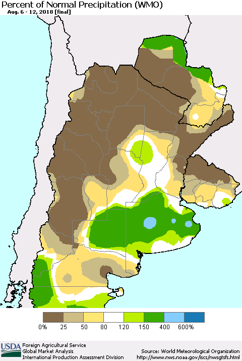 Southern South America Percent of Normal Precipitation (WMO) Thematic Map For 8/6/2018 - 8/12/2018