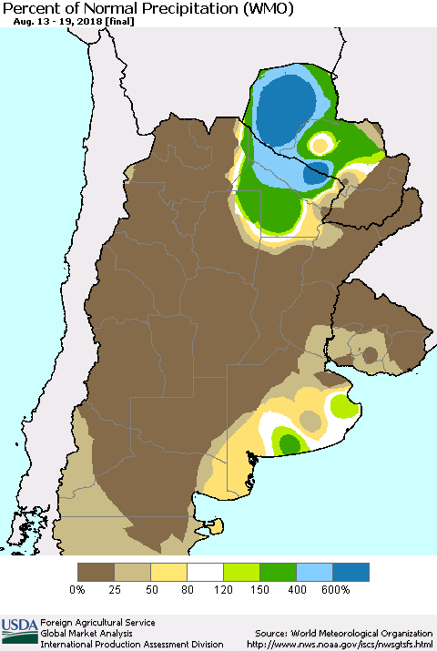 Southern South America Percent of Normal Precipitation (WMO) Thematic Map For 8/13/2018 - 8/19/2018