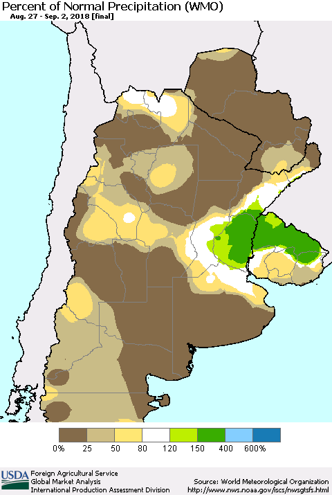 Southern South America Percent of Normal Precipitation (WMO) Thematic Map For 8/27/2018 - 9/2/2018