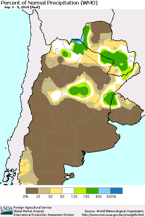 Southern South America Percent of Normal Precipitation (WMO) Thematic Map For 9/3/2018 - 9/9/2018