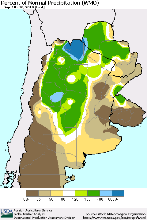 Southern South America Percent of Normal Precipitation (WMO) Thematic Map For 9/10/2018 - 9/16/2018