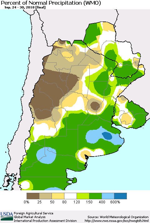 Southern South America Percent of Normal Precipitation (WMO) Thematic Map For 9/24/2018 - 9/30/2018