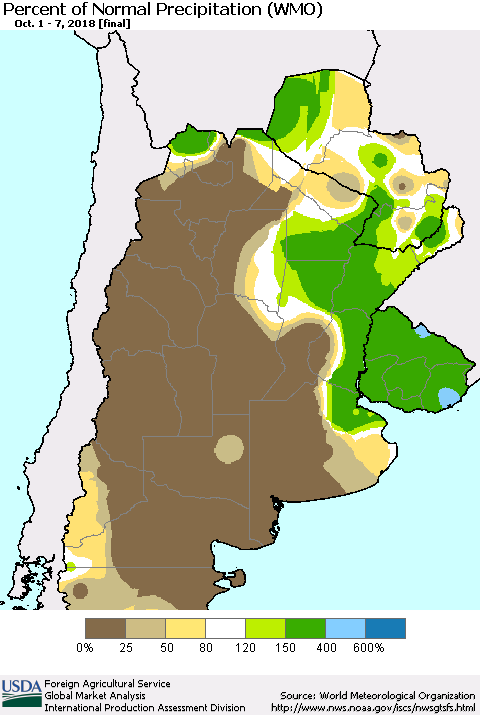 Southern South America Percent of Normal Precipitation (WMO) Thematic Map For 10/1/2018 - 10/7/2018