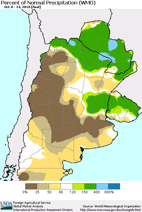 Southern South America Percent of Normal Precipitation (WMO) Thematic Map For 10/8/2018 - 10/14/2018