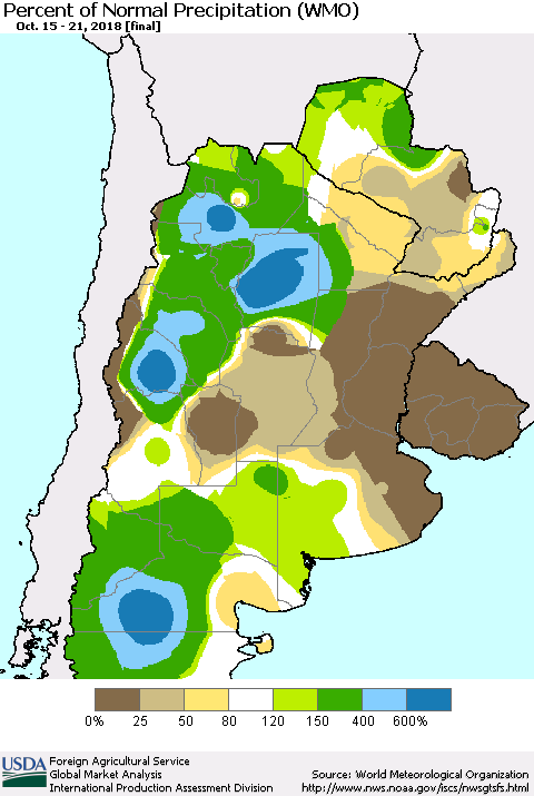 Southern South America Percent of Normal Precipitation (WMO) Thematic Map For 10/15/2018 - 10/21/2018
