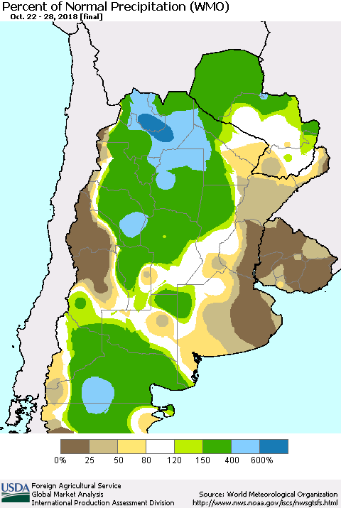 Southern South America Percent of Normal Precipitation (WMO) Thematic Map For 10/22/2018 - 10/28/2018