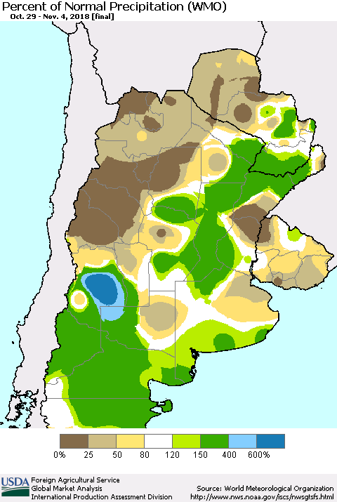 Southern South America Percent of Normal Precipitation (WMO) Thematic Map For 10/29/2018 - 11/4/2018