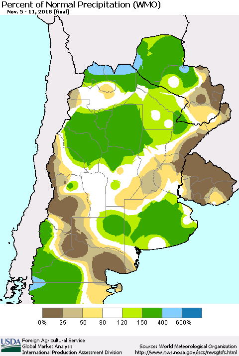 Southern South America Percent of Normal Precipitation (WMO) Thematic Map For 11/5/2018 - 11/11/2018