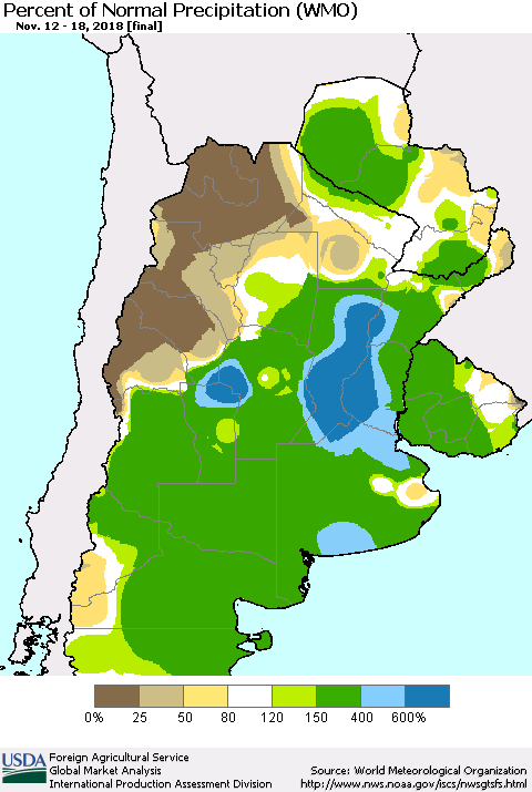Southern South America Percent of Normal Precipitation (WMO) Thematic Map For 11/12/2018 - 11/18/2018
