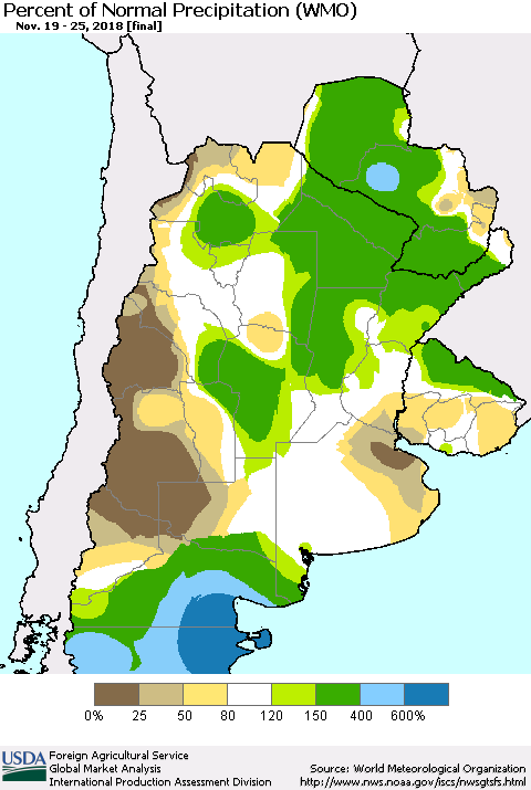 Southern South America Percent of Normal Precipitation (WMO) Thematic Map For 11/19/2018 - 11/25/2018