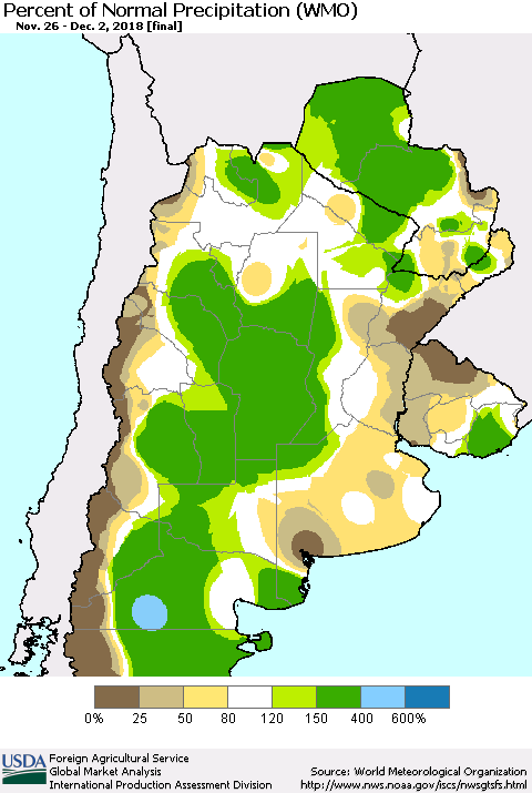 Southern South America Percent of Normal Precipitation (WMO) Thematic Map For 11/26/2018 - 12/2/2018
