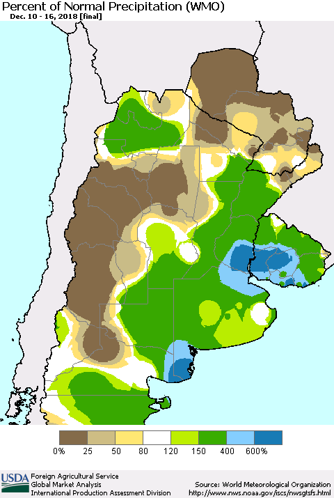 Southern South America Percent of Normal Precipitation (WMO) Thematic Map For 12/10/2018 - 12/16/2018