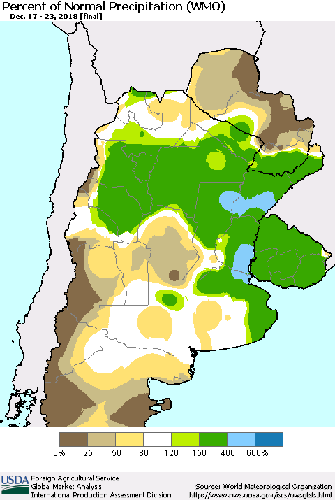 Southern South America Percent of Normal Precipitation (WMO) Thematic Map For 12/17/2018 - 12/23/2018