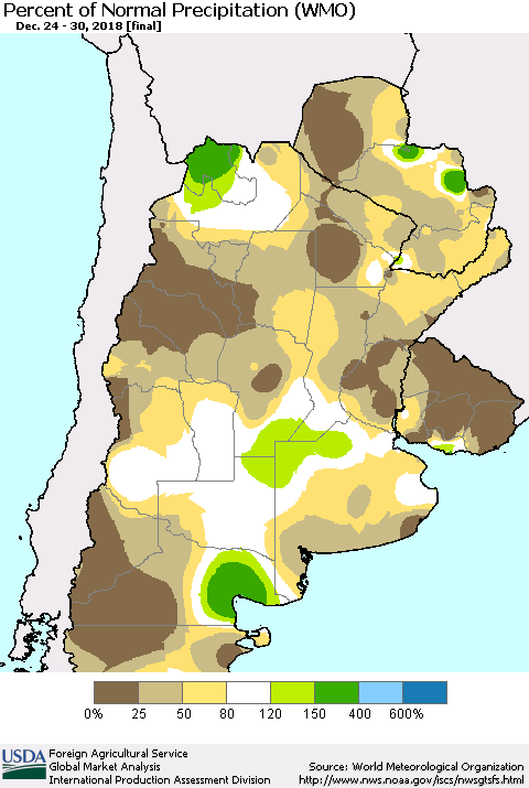 Southern South America Percent of Normal Precipitation (WMO) Thematic Map For 12/24/2018 - 12/30/2018