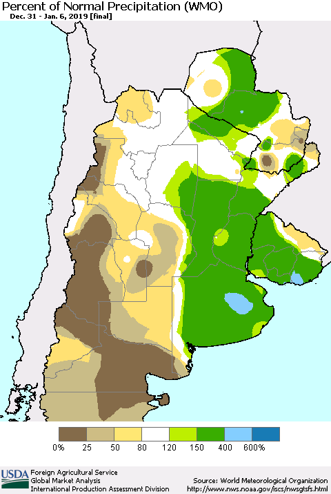Southern South America Percent of Normal Precipitation (WMO) Thematic Map For 12/31/2018 - 1/6/2019