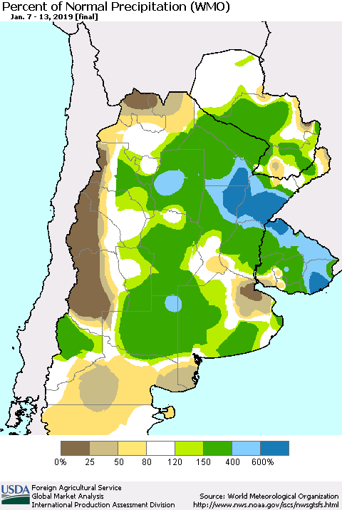 Southern South America Percent of Normal Precipitation (WMO) Thematic Map For 1/7/2019 - 1/13/2019