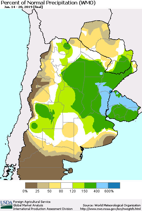 Southern South America Percent of Normal Precipitation (WMO) Thematic Map For 1/14/2019 - 1/20/2019