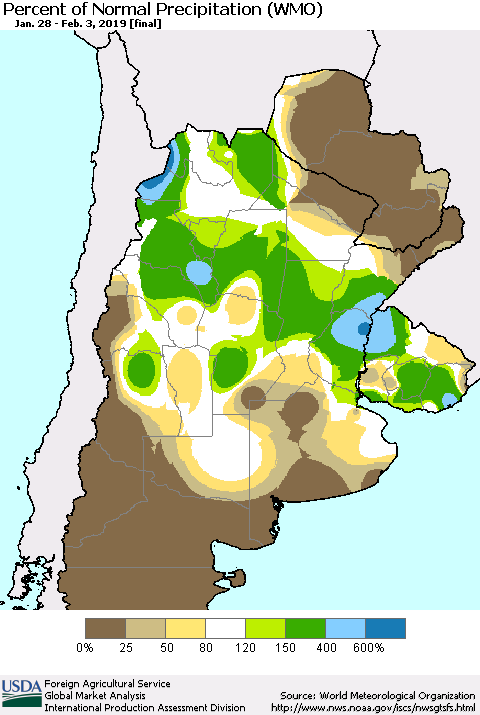 Southern South America Percent of Normal Precipitation (WMO) Thematic Map For 1/28/2019 - 2/3/2019