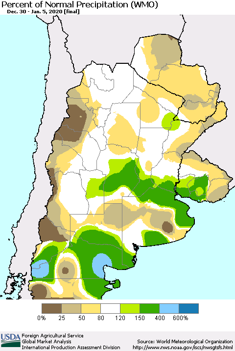 Southern South America Percent of Normal Precipitation (WMO) Thematic Map For 12/30/2019 - 1/5/2020