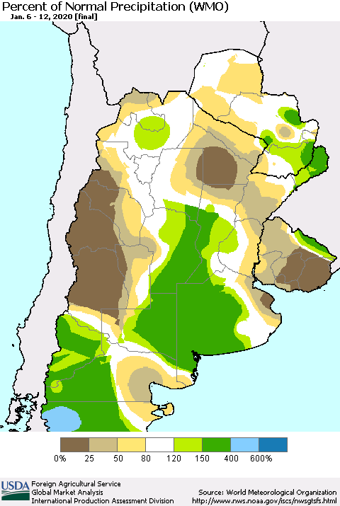 Southern South America Percent of Normal Precipitation (WMO) Thematic Map For 1/6/2020 - 1/12/2020