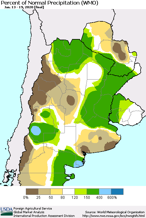 Southern South America Percent of Normal Precipitation (WMO) Thematic Map For 1/13/2020 - 1/19/2020