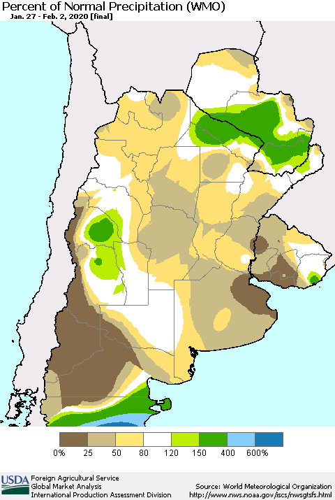 Southern South America Percent of Normal Precipitation (WMO) Thematic Map For 1/27/2020 - 2/2/2020