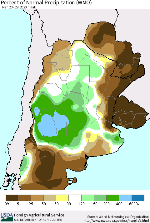 Southern South America Percent of Normal Precipitation (WMO) Thematic Map For 3/23/2020 - 3/29/2020