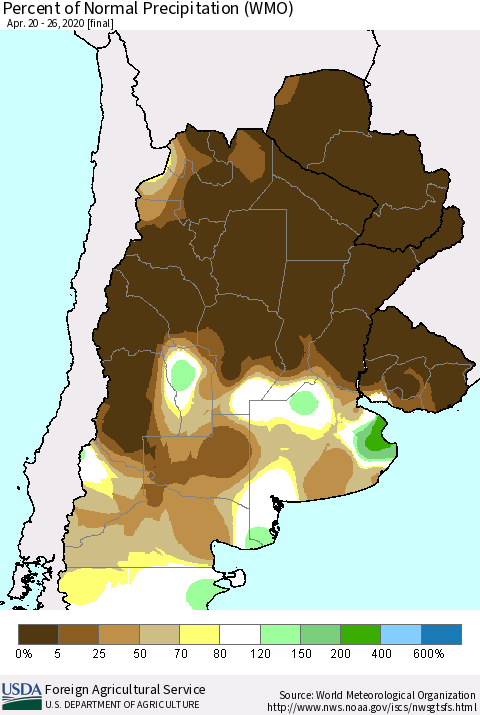 Southern South America Percent of Normal Precipitation (WMO) Thematic Map For 4/20/2020 - 4/26/2020