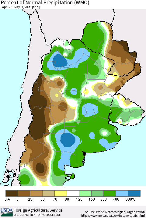 Southern South America Percent of Normal Precipitation (WMO) Thematic Map For 4/27/2020 - 5/3/2020