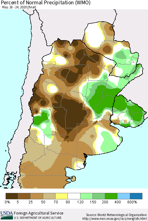 Southern South America Percent of Normal Precipitation (WMO) Thematic Map For 5/18/2020 - 5/24/2020