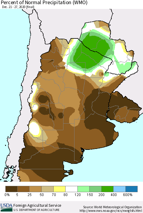 Southern South America Percent of Normal Precipitation (WMO) Thematic Map For 12/21/2020 - 12/27/2020