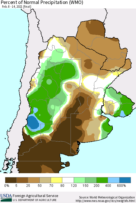 Southern South America Percent of Normal Precipitation (WMO) Thematic Map For 2/8/2021 - 2/14/2021