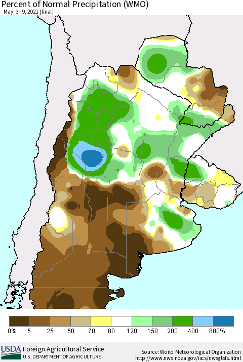 Southern South America Percent of Normal Precipitation (WMO) Thematic Map For 5/3/2021 - 5/9/2021