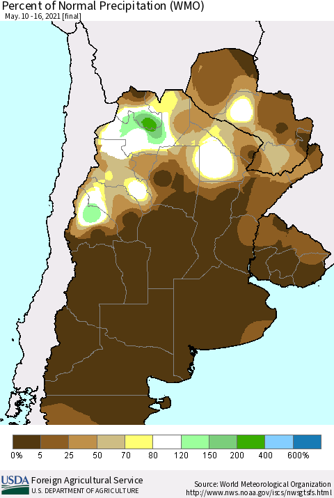 Southern South America Percent of Normal Precipitation (WMO) Thematic Map For 5/10/2021 - 5/16/2021