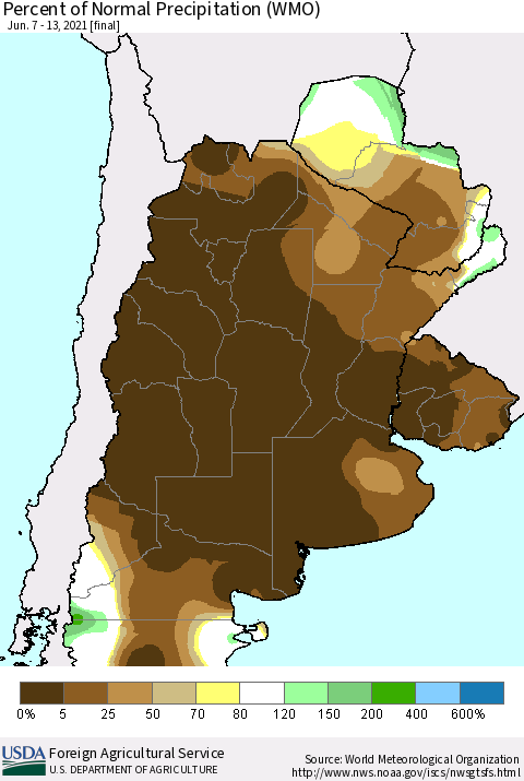 Southern South America Percent of Normal Precipitation (WMO) Thematic Map For 6/7/2021 - 6/13/2021