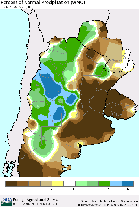 Southern South America Percent of Normal Precipitation (WMO) Thematic Map For 6/14/2021 - 6/20/2021