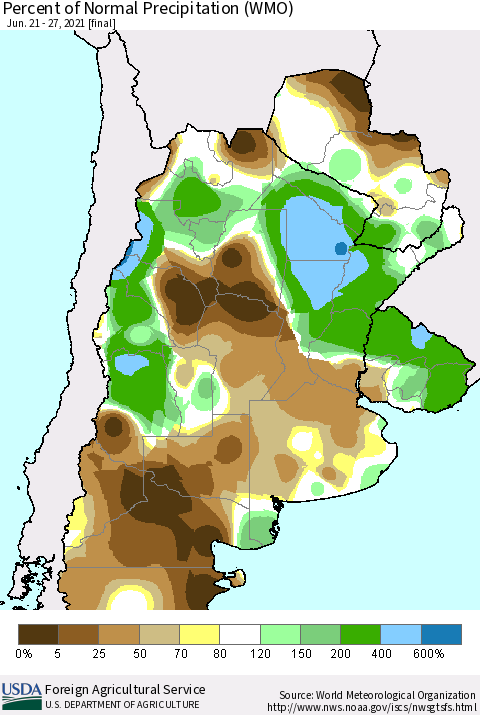 Southern South America Percent of Normal Precipitation (WMO) Thematic Map For 6/21/2021 - 6/27/2021