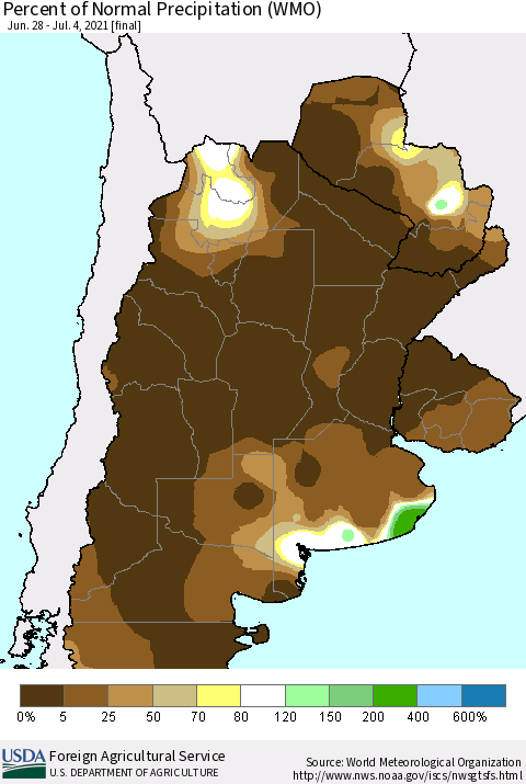 Southern South America Percent of Normal Precipitation (WMO) Thematic Map For 6/28/2021 - 7/4/2021